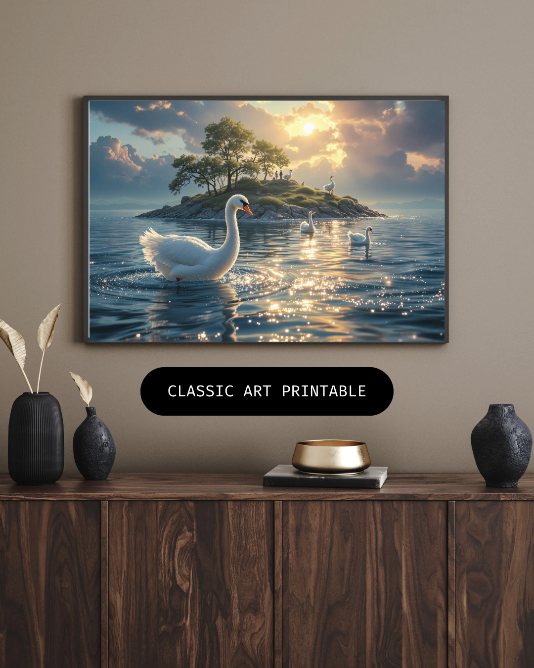 Verzauberte Schwaneninsel - Digitaler Kunstdruck, Wandkunst, Digitaler Download, Druckvorlage