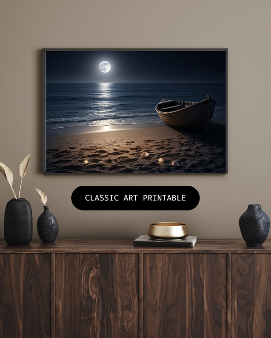 Magische Mondnacht am Meer – Digitaler Kunstdruck, Wandkunst, Digitaler Download, Wohnkultur, Druckvorlage