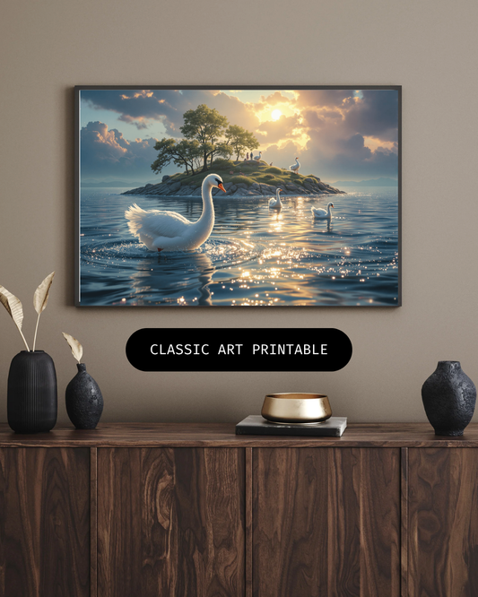 Verzauberte Schwaneninsel - Digitaler Kunstdruck, Wandkunst, Digitaler Download, Druckvorlage