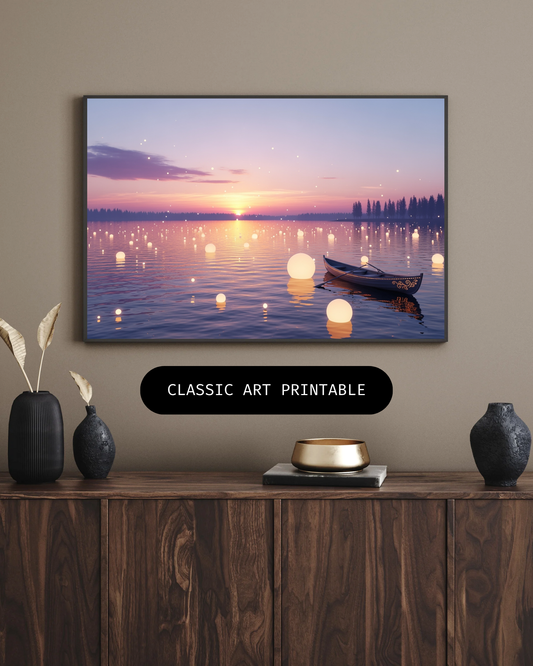 Magisches Boot bei Sonnenuntergang – Digitaler Kunstdruck, Wandkunst, Download, Druckvorlage