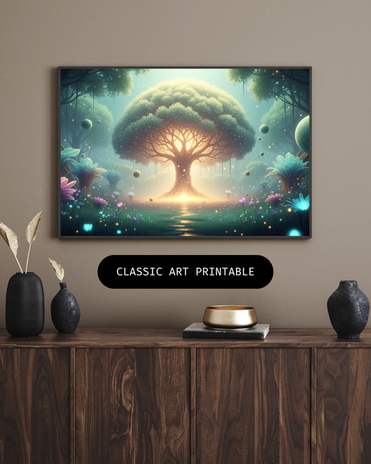 Magischer Weltenbaum im Zauberwald – Digitaler Kunstdruck, Wandkunst, Download, Druckvorlage,