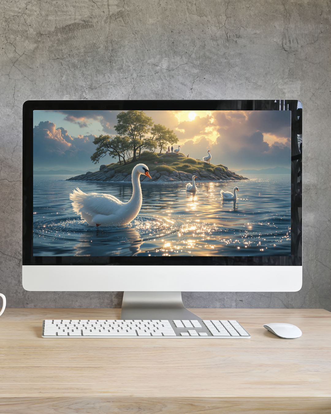 Verzauberte Schwaneninsel - Digitaler Kunstdruck, Wandkunst, Digitaler Download, Druckvorlage