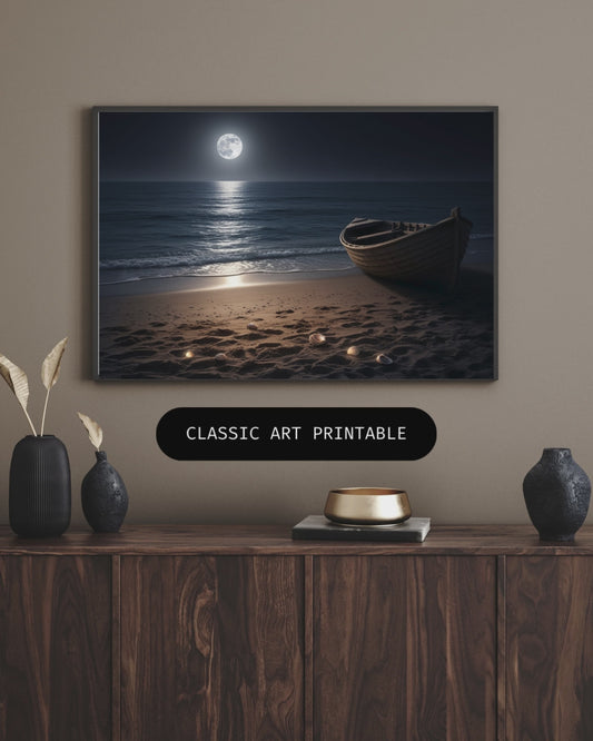 Magische Mondnacht am Meer – Digitaler Kunstdruck, Wandkunst, Digitaler Download, Wohnkultur, Druckvorlage